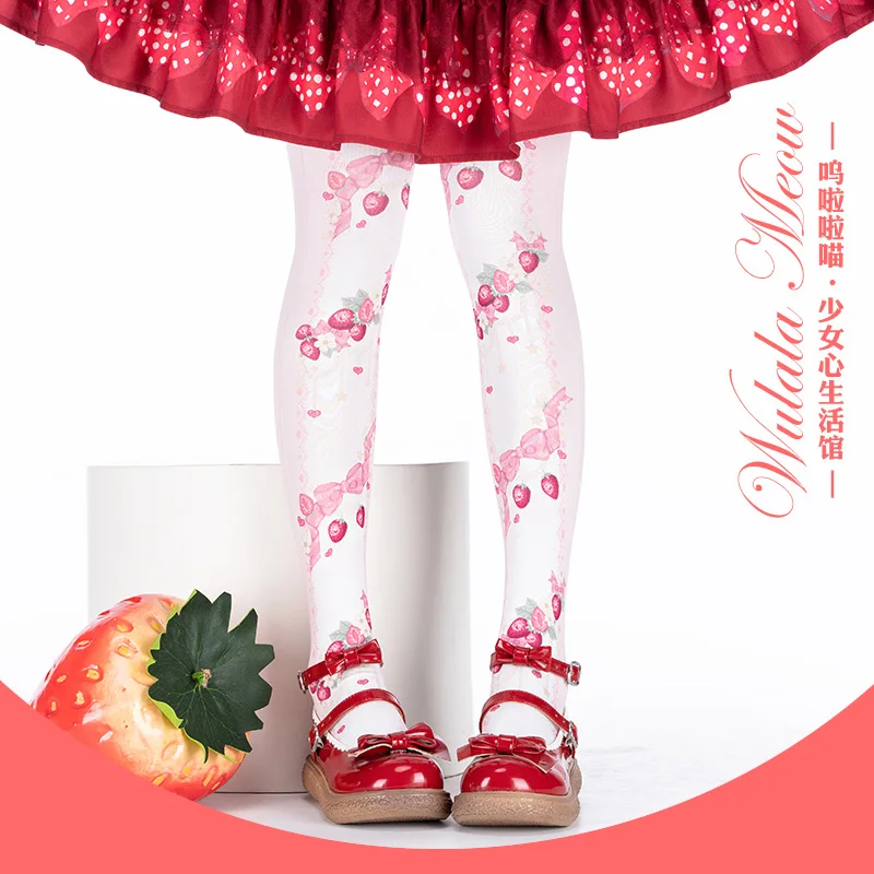 

Original Design Cute Strawberry Print Girl Women's Lolita Over-knee Stockings 120D Velvet Thigh High Long Stockings