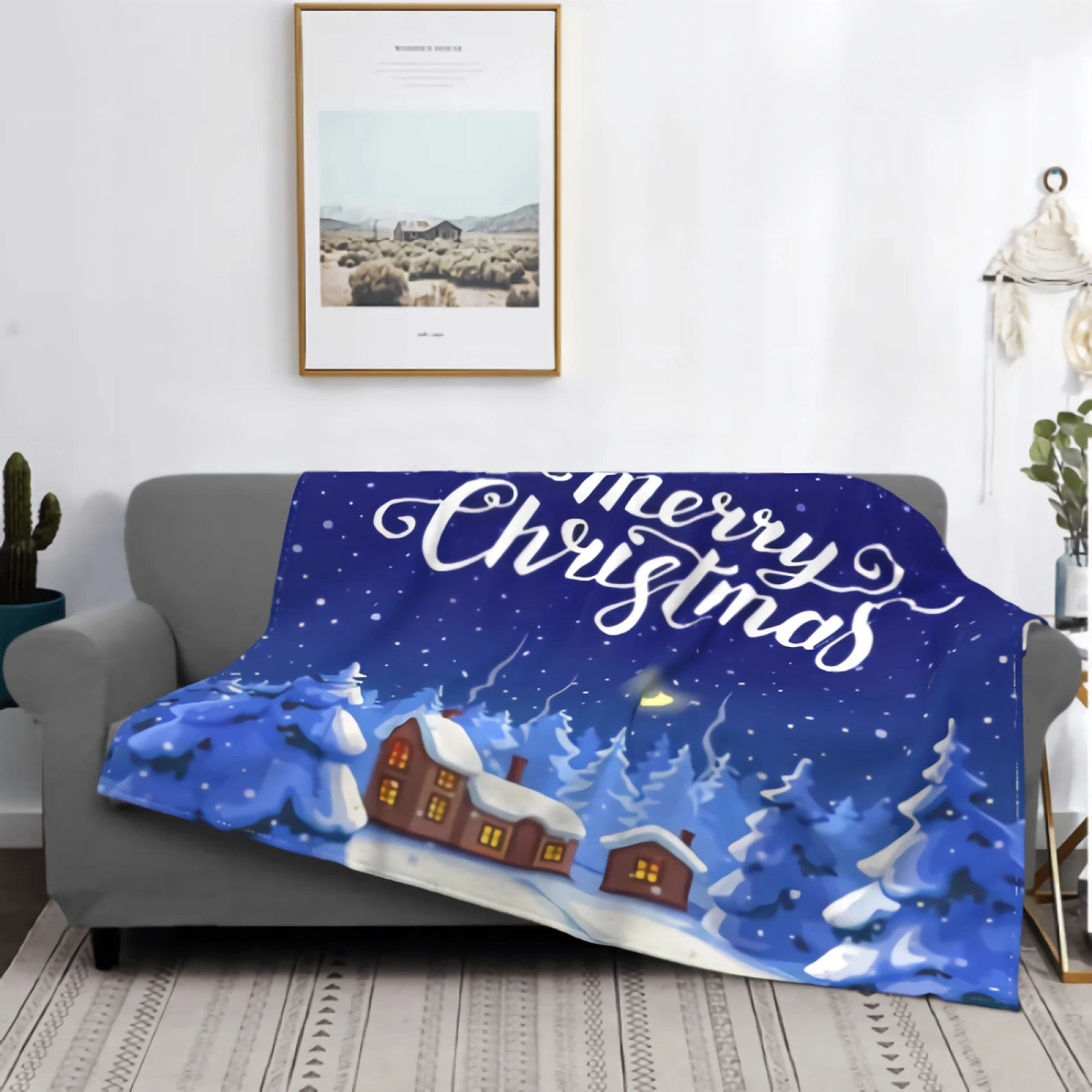 

Merry Christmas Starry Night Flannel Throw Blanket Ultra Soft Winter Snowing Forest And Villages Blanket Bedding for All Season