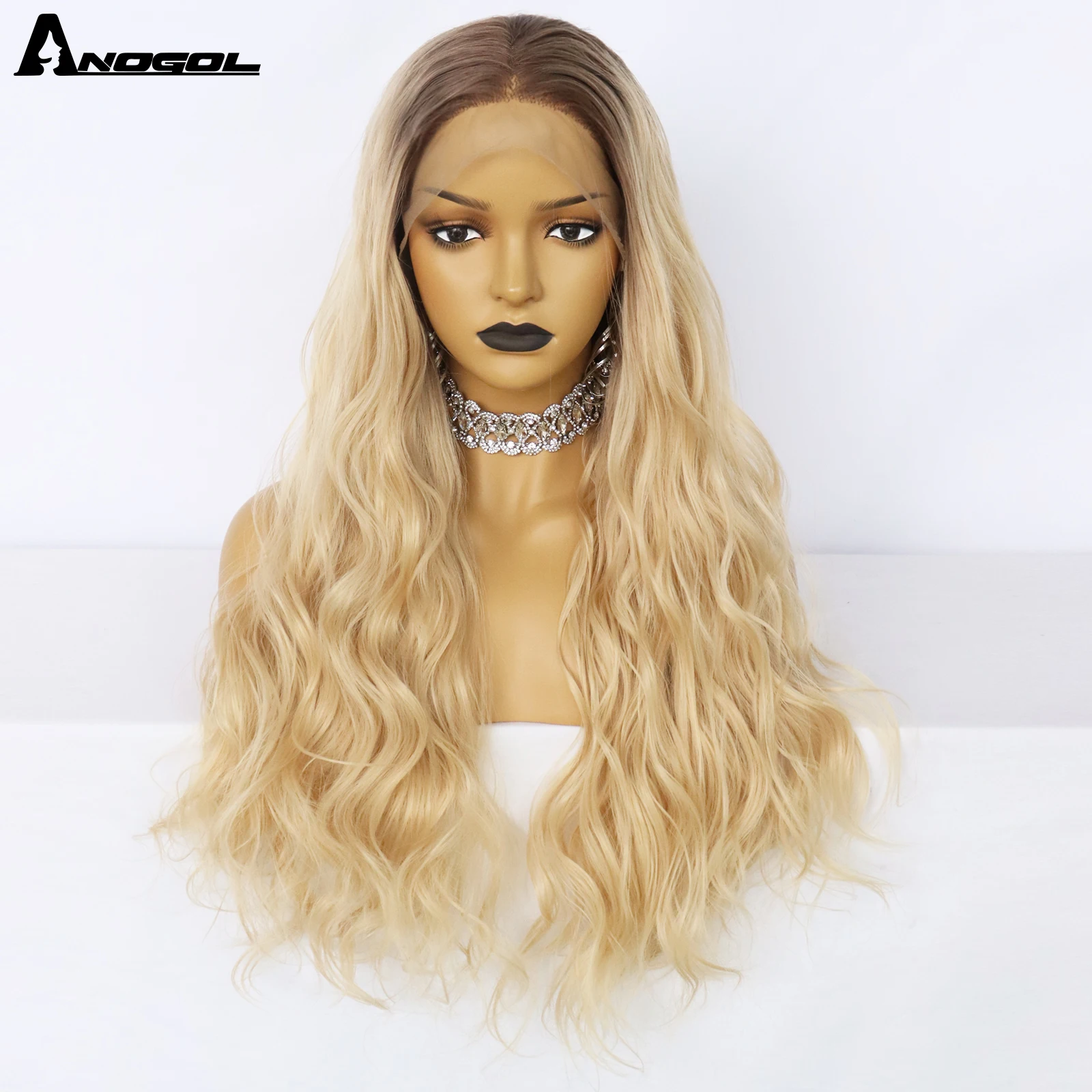 AN Synthetic 30IN Long Body Water Wavy Lace Wig Brown Roots Ombre Blonde T Part Lace High Temperature Fiber Wig For Black Women