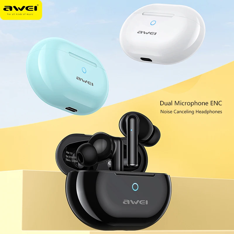 

Awei T61 Wireless Bluetooth 5.3 Earphones Sport Noise Reduction ENC Headphones with 4 Mic TWS Earbuds 300mAH Long Standby