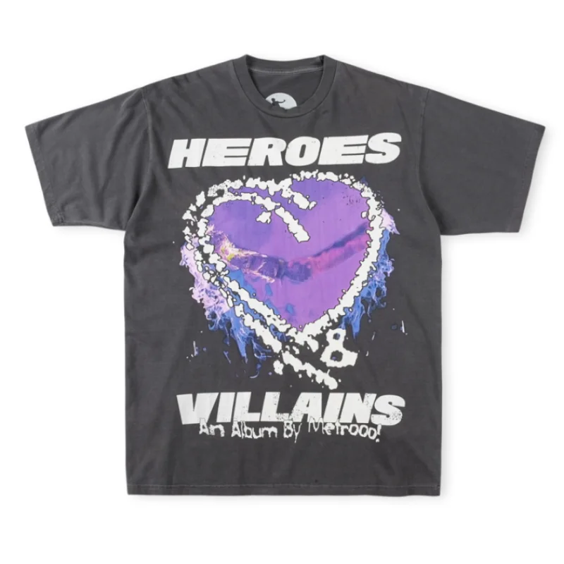 

HELLSTAR Purple Heart print Tee man women1:1 Short Sleeve Pure Cotton Retro Vintage Washed Oversized T Shirt