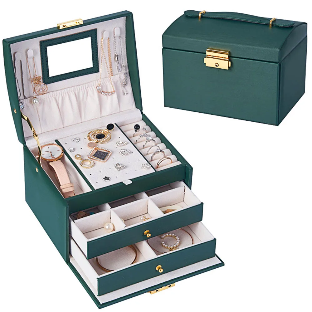 

Jewelry storage box, 3-layer PU leather jewelry earring, multi-function light luxury jewelry storage box with mirror and lock