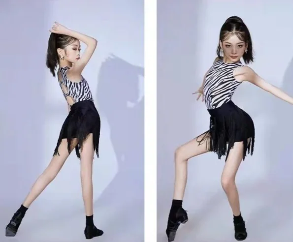 

1set/lot children modern dancing costumes girl latin dancing suit zebra leotard and tassel skirt