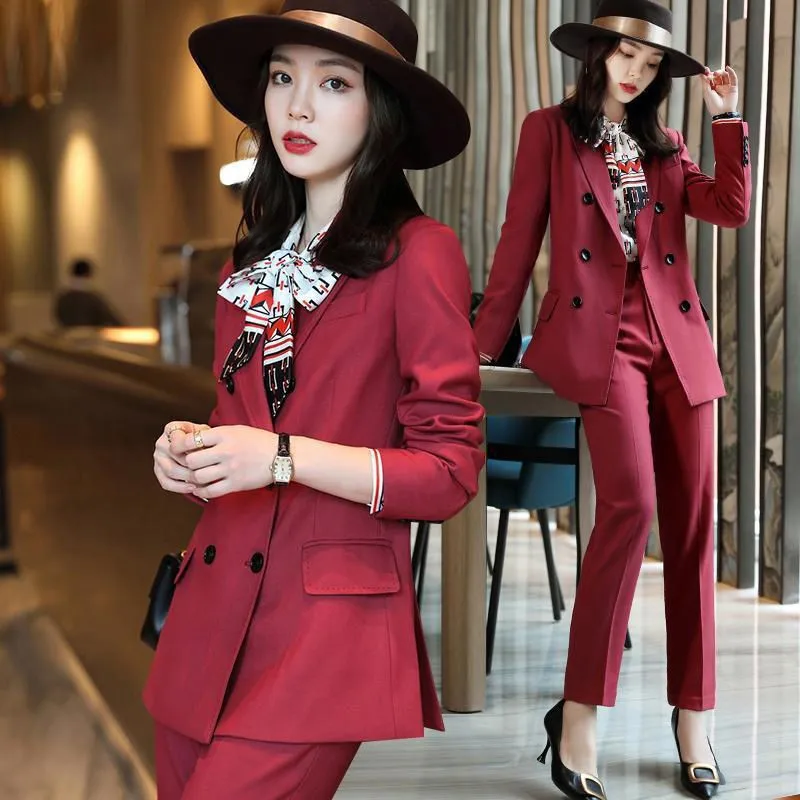 Long sleeve triple breasted plain black red khaki 3-color women's slim trousers suit two-piece work uniform hotel professional s