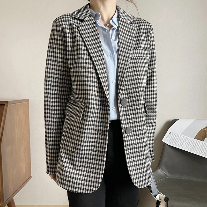Vintage Plaid Women's Blazer Jackets Office Lady Work Wear Outerwear Single-breasted Loose Casual Suit Coats Female
