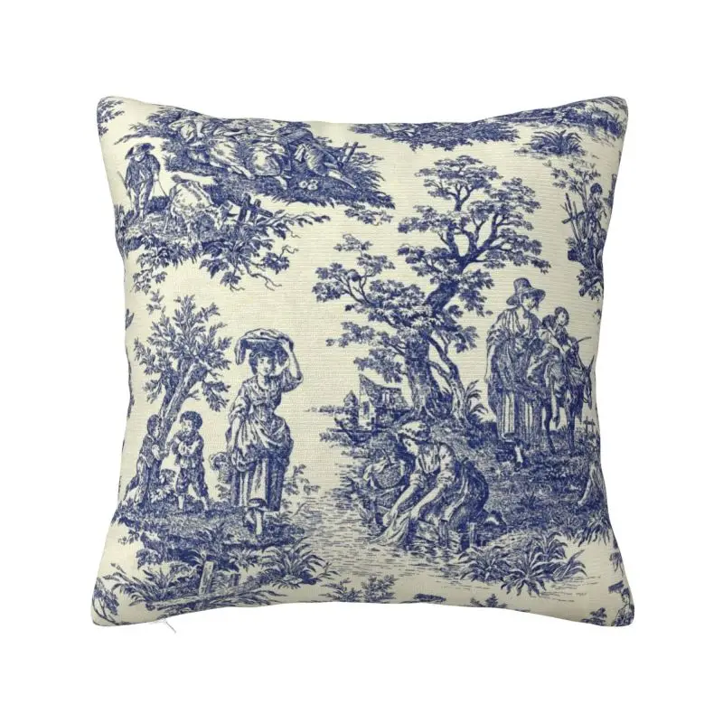 

Toile De Jouy Blue Pillow Case for Sofa French Navy Blue Motif Modern Cushion Cover Velvet Pillowcase