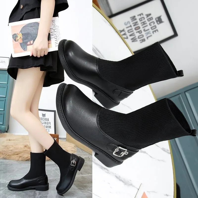 

Women's Spring Casual Leather Elastic Ankle Boots Suitable For Autumn Short Botas Black Buckle Socks Boots Women's Patchwork Pu