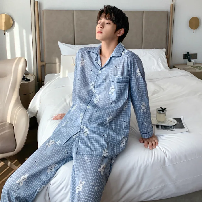 2022 New Men's Pajamas Spring and Autumn Long-sleeved Trousers Cardigan Pajamas Thin Cotton Spring and Summer Homewear Suit