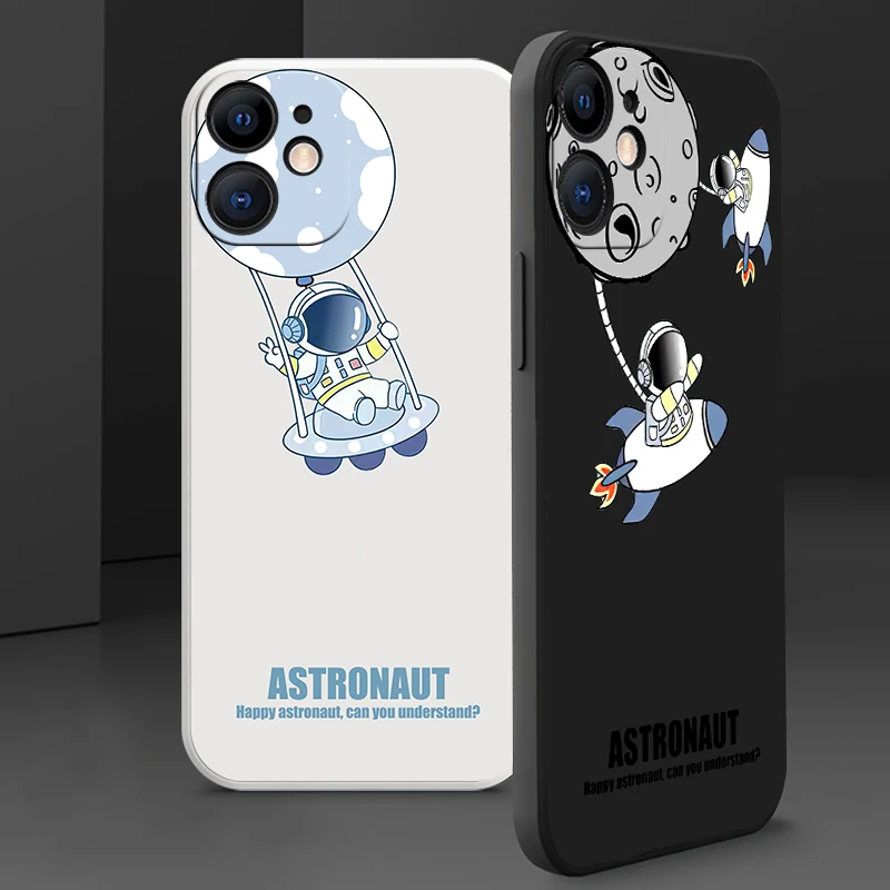 

Cases For iPhone 13 11 12 Pro Mini X XR XS Max Liquid Silicone Creative Astronaut Phone Funda Capa For 8 7 6s 6 Plus SE 2020