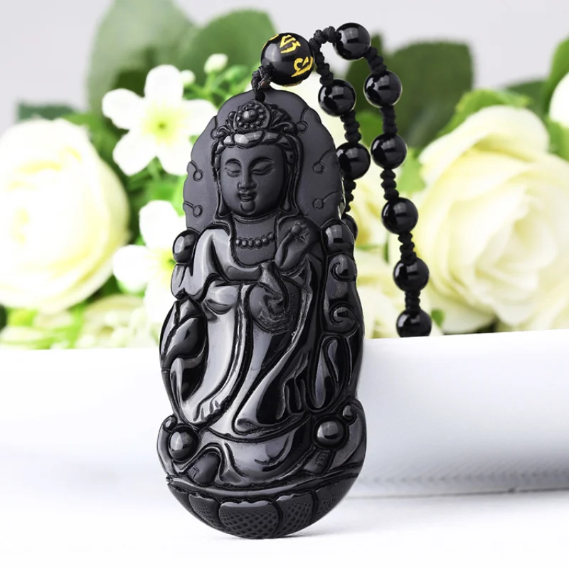 

Natural Black Obsidian Hand Carved Guanyin Jade Pendant Fashion Boutique Jewelry Necklace Gift for Men and Women