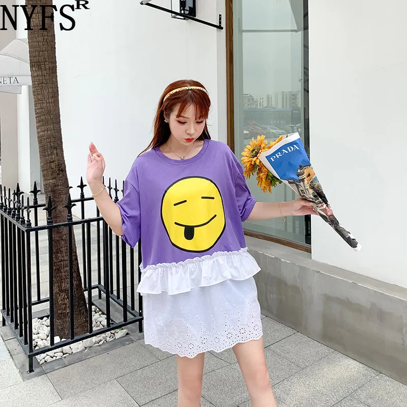 

NYFS 2022 Summer Korea New Woman T shirts Loose Dtitching Large Dwing Embroidery Short Sleeve Tops