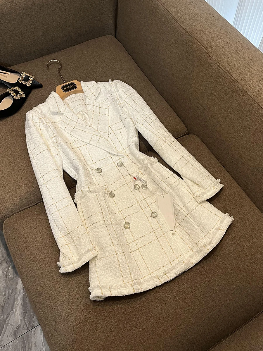 High Quality Delicacy Tweed Coat Rough Edges Double-breasted Long Sleeve Women Waisted Plaid Blazer Dress