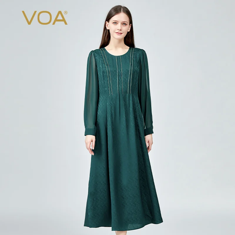 

VOA 100% Real Silk Jacquard O-Neck Long Sleeve Dresses Bright Line Decoration Refreshing Wild Malachite Green Long Dress AE1265