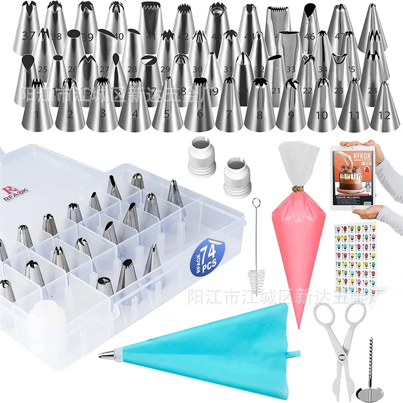 

74pcs Cake Piping Nozzle Set Cake Decorating Tools Piping Tips Nozzle For Confectionery Patry Bags Cleaning Brush Cupcake Tools