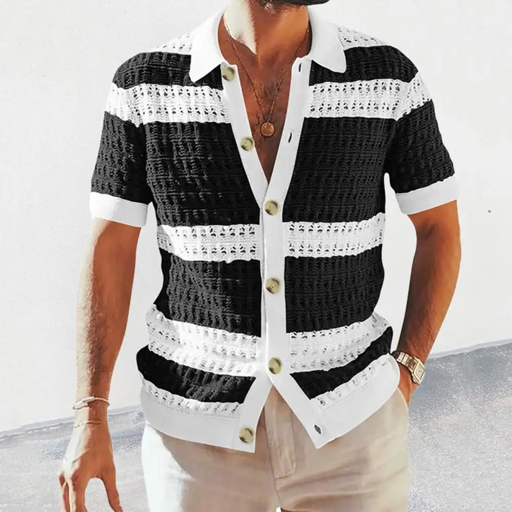 

Men Top Hollow Out Design Short Sleeve Men Knitting Shirt Lapel Summer Men Sweater Outdoor Cardigan Stripe Knitting Top