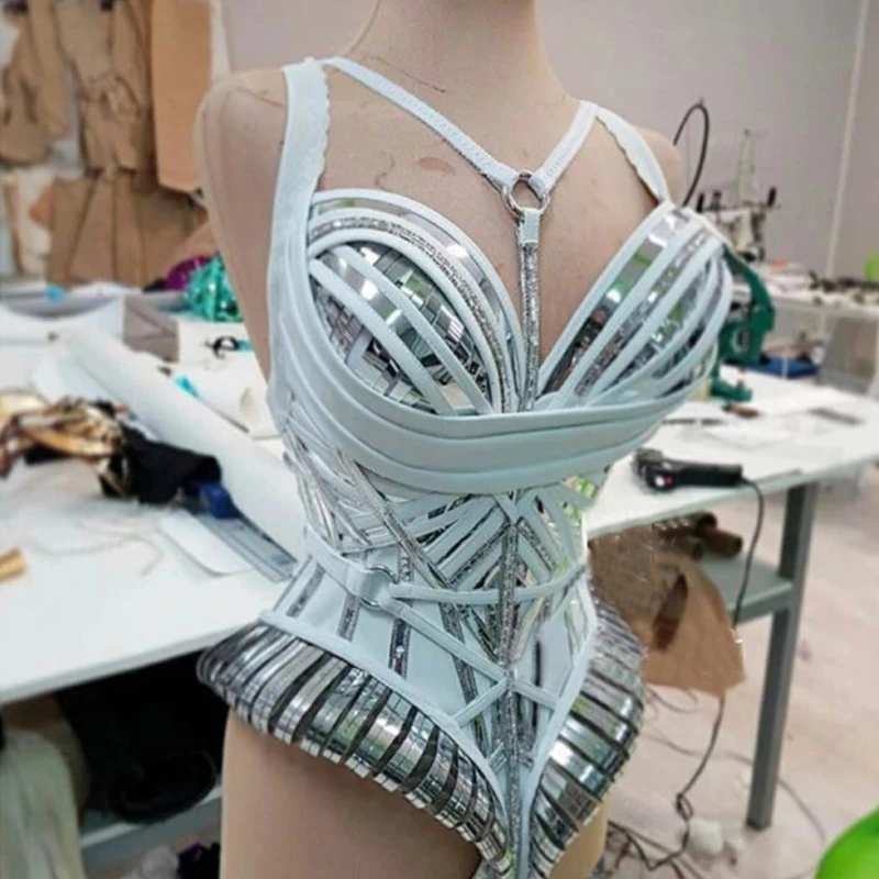 Gogo танцевальные костюмы Белый Серебряный Зонтик на талии боди сексуальная