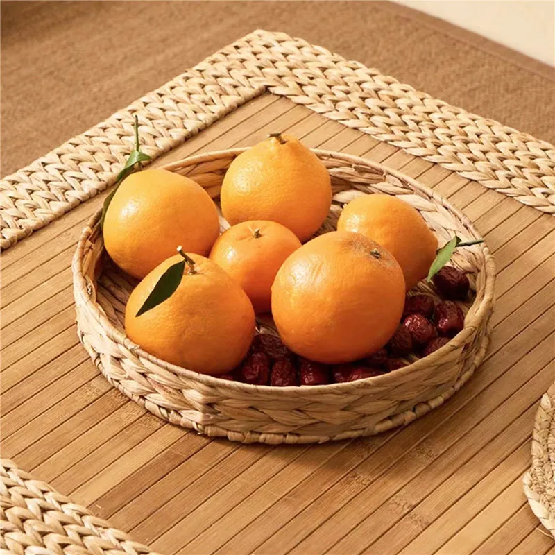 

Circular Straw Woven Storage Basket Simple Style Fruits Vegetables Container Home Organizer Decor Handcraft High Quality
