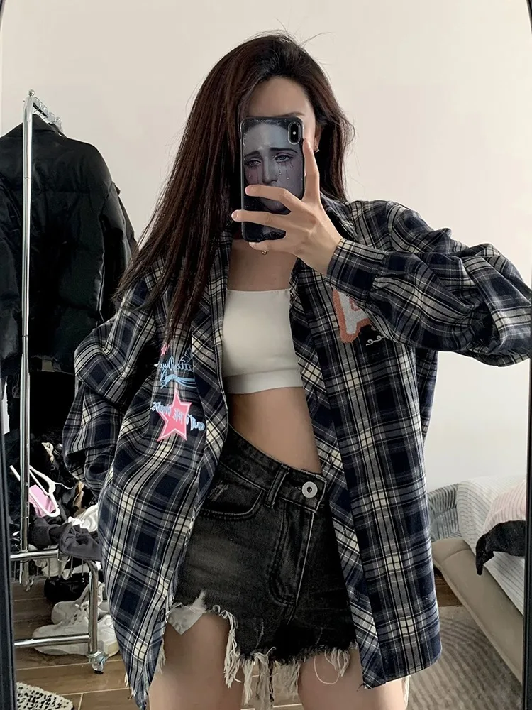 

Рубашка женская в клетку с длинным рукавом, универсальный тонкий однобортный Повседневный Топ в американском стиле, в винтажном стиле, на весну-осень