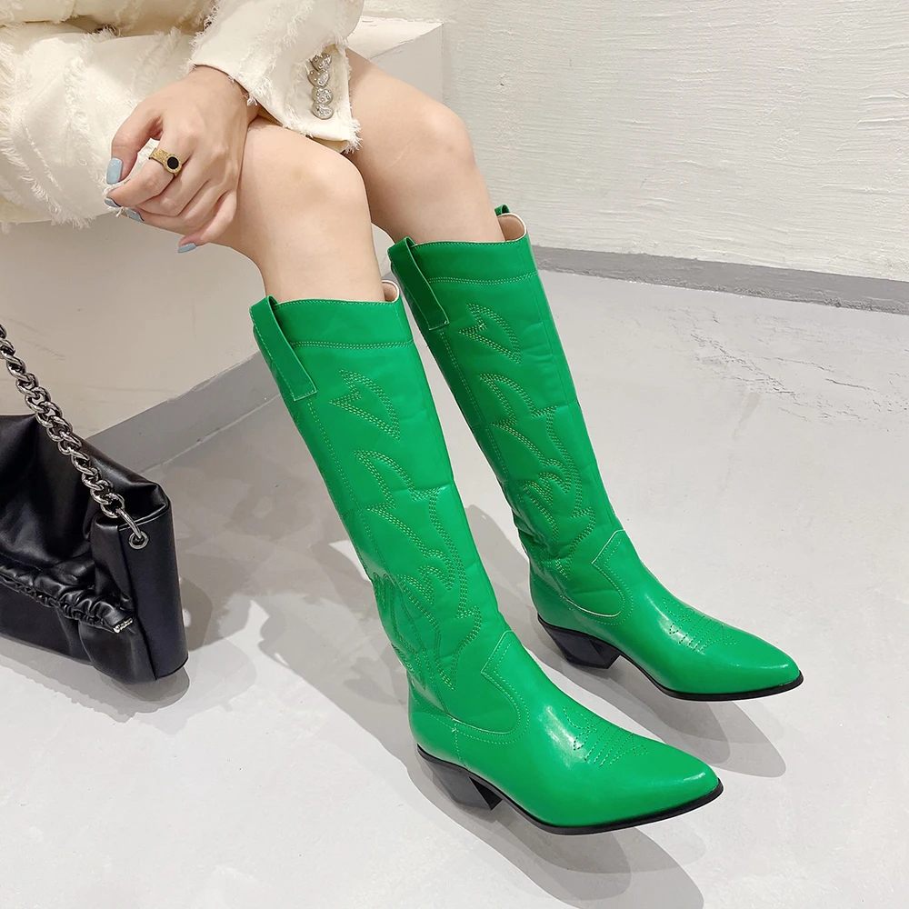 

Женские сапоги до колена с острым носком, черные/Серебристые/золотистые/коричневые/бежевые классические сапоги в стиле ретро с вышивкой на ...