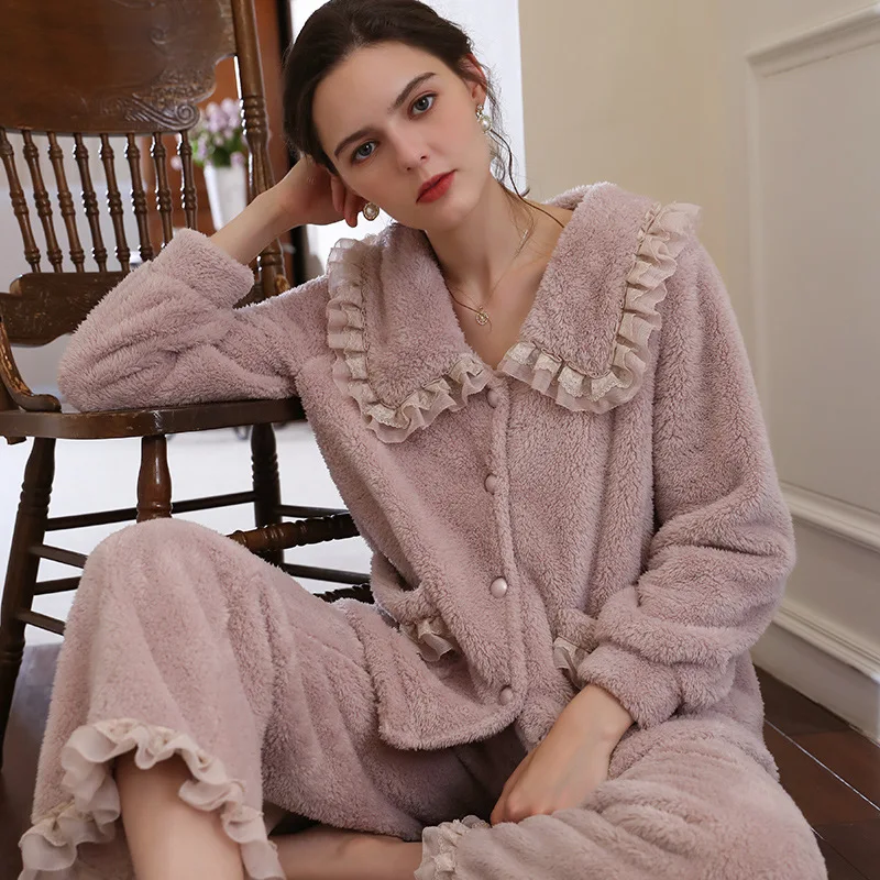 SXTHAENOO New French Court Style Pajama Winter Flannel for Women Winter Pajamas Velvet Woman Sleepwear Lapel Lace Warm Homewear