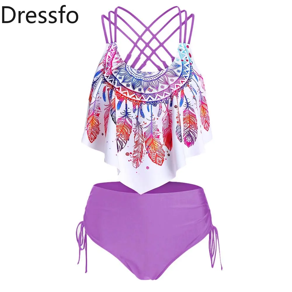 

Dressfo Bohemian High Waist Tankini Swimsuit Feather Floral Print Bathing Suit Crisscross Cinched Beach Swimwear Women 2023