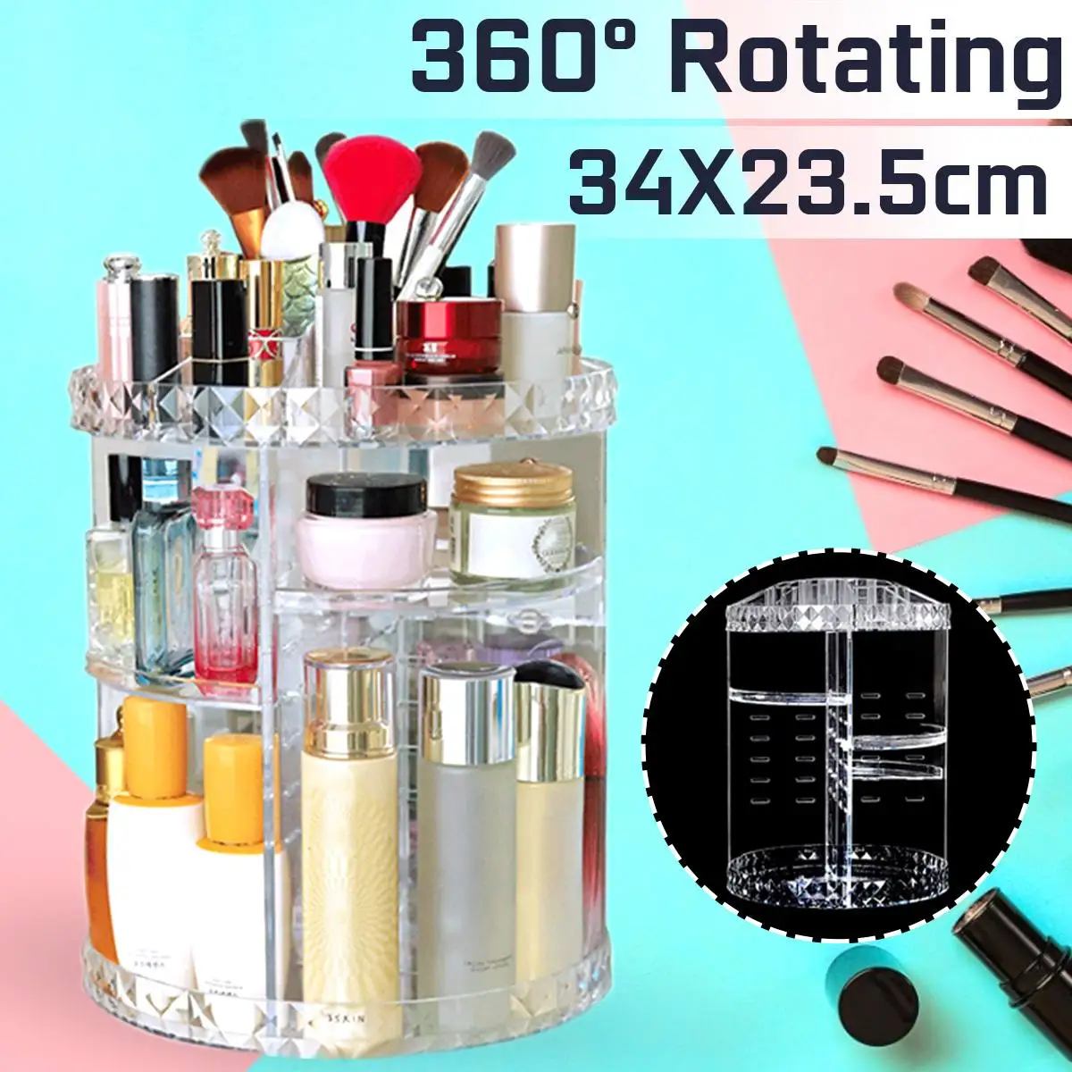 

Cosmetics Storage Box 360 Degree Rotation Transparent Acrylic Fashion Spin Multi-function Desktop Detachable Makeup Storage Box