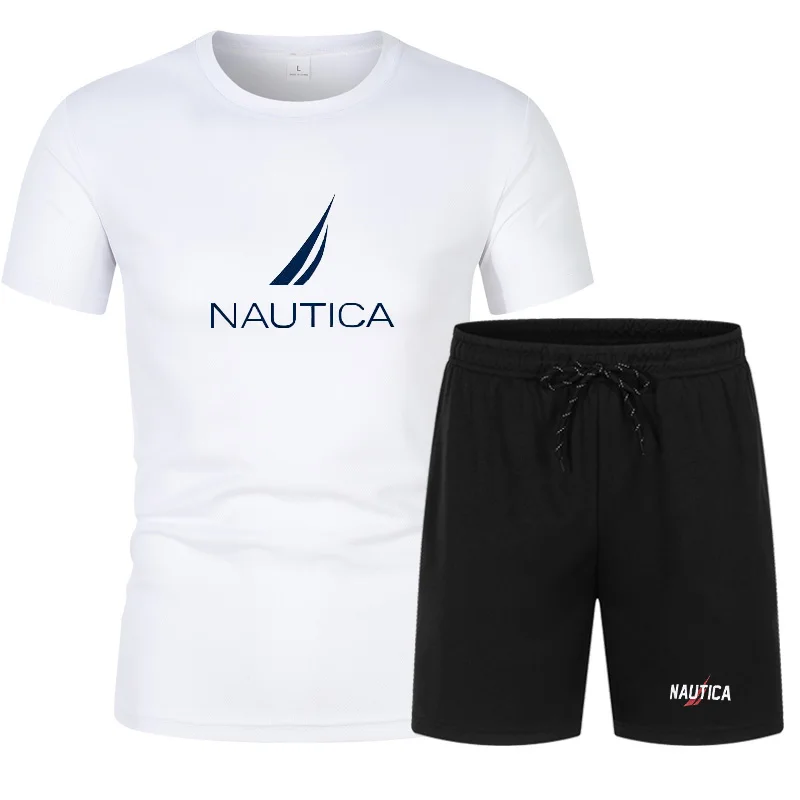 

NAUTICA-Camiseta deportiva de algodón puro para hombre, traje informal de manga corta con cuello redondo y pantalones deportivos