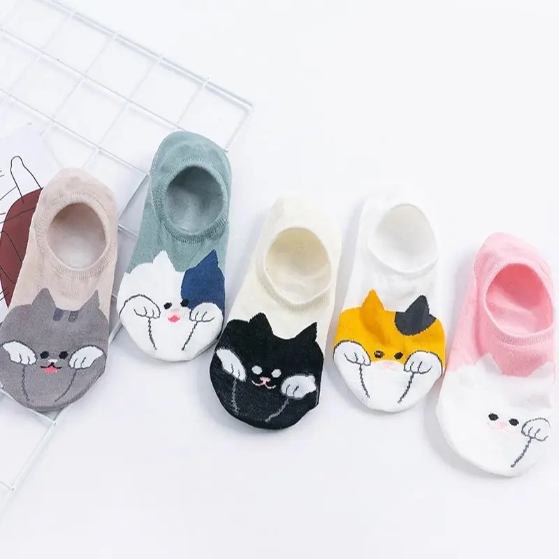 

Носки-невидимки женские с неглубоким горлом, тонкие хлопковые нескользящие в японском стиле, с мультяшным рисунком, на весну и лето