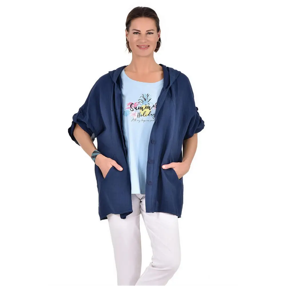 Fierte Women Plus Size Coats CcSalice Hood Half Sleeve Linen Slim Spring Summer Casual Beige Khaki Navy Blue