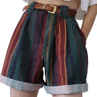 vintage striped shorts summer women fashion mid waist mulitcolors shorts with pocket loose plus size formal clothing suit wear