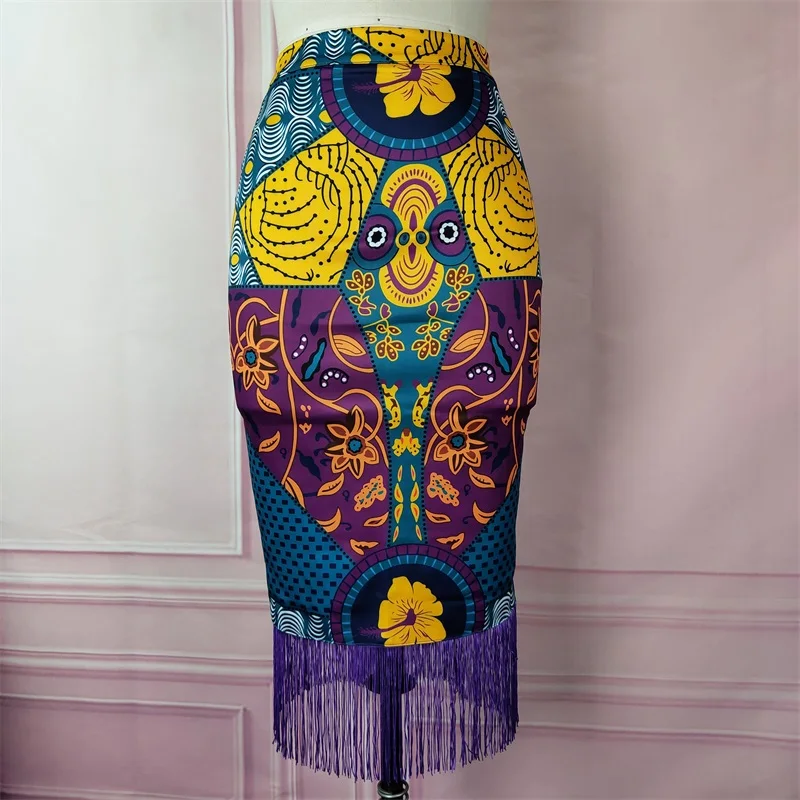 

Ladies Summer Printed Skirt Retro Floral African Fashion High Waist Fringed Edge Elegant Moderate Retro Bust Bag Hip Long Skirt