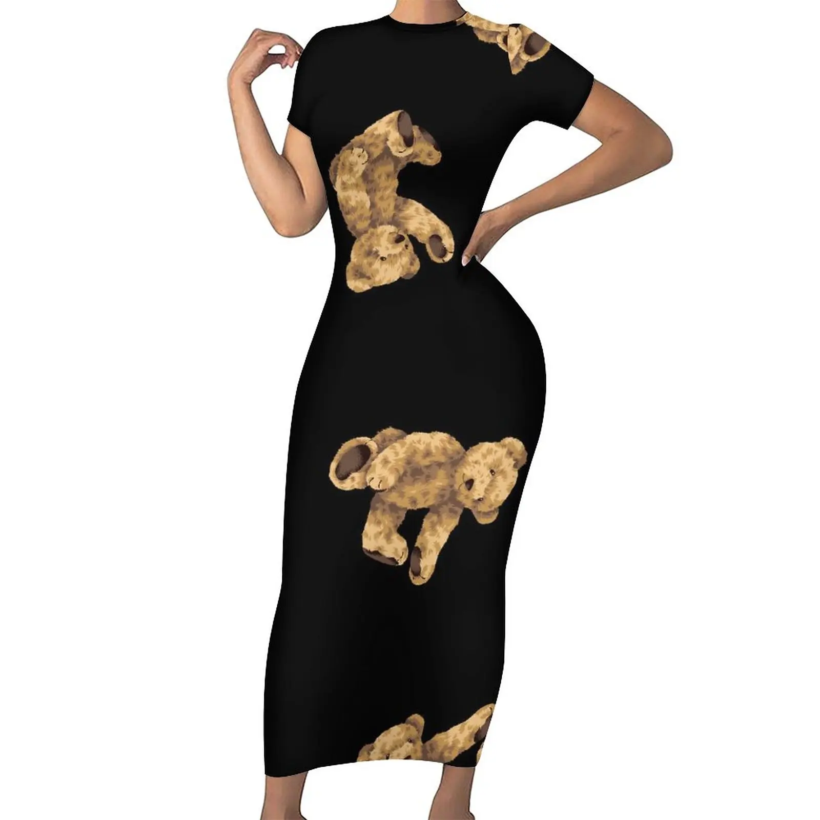 

Funny Bear Print Dress Short Sleeve Cute Animal Sexy Maxi Dresses Summer Street Fashion Custom Bodycon Dress Big Size
