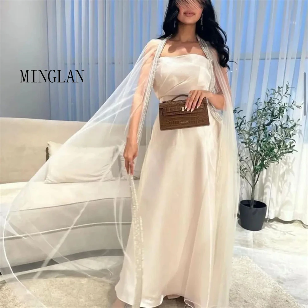 

MINGLAN Elegant White Strapless Sleeveless Pleat Long Prom Dress Ankle Length A Line Fashion Formal Evening Gowns New 2023
