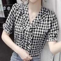 casual ruffles all match v neck plaid shirt korean fashion harajuku single breasted short sleeve blouses summer womens clothing