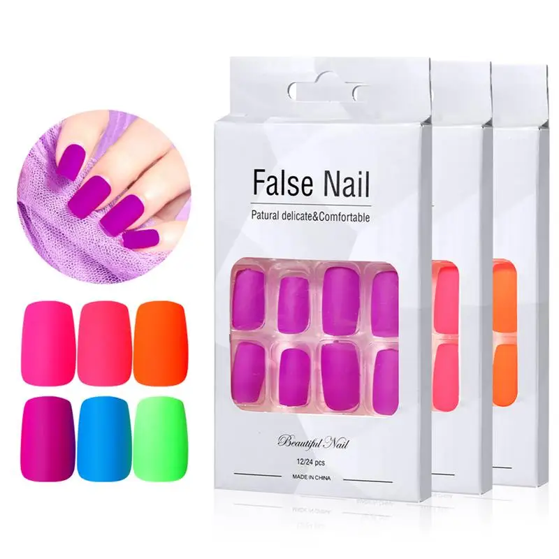 

24pc Fluorescent Press On False Nails Full Cover Artificial Fake Nails Long Ballerina False Coffin Fake DIY Nails Art Tip