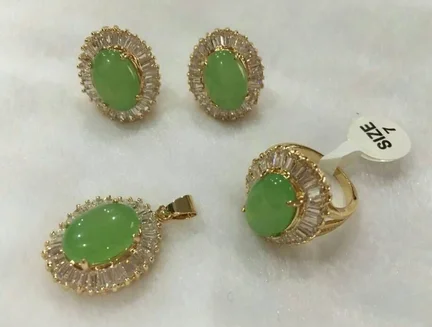 

latest fashion noble 10*14mm green Natural jade earrings ring(#7-9) & pendant with free chain jewerly sets