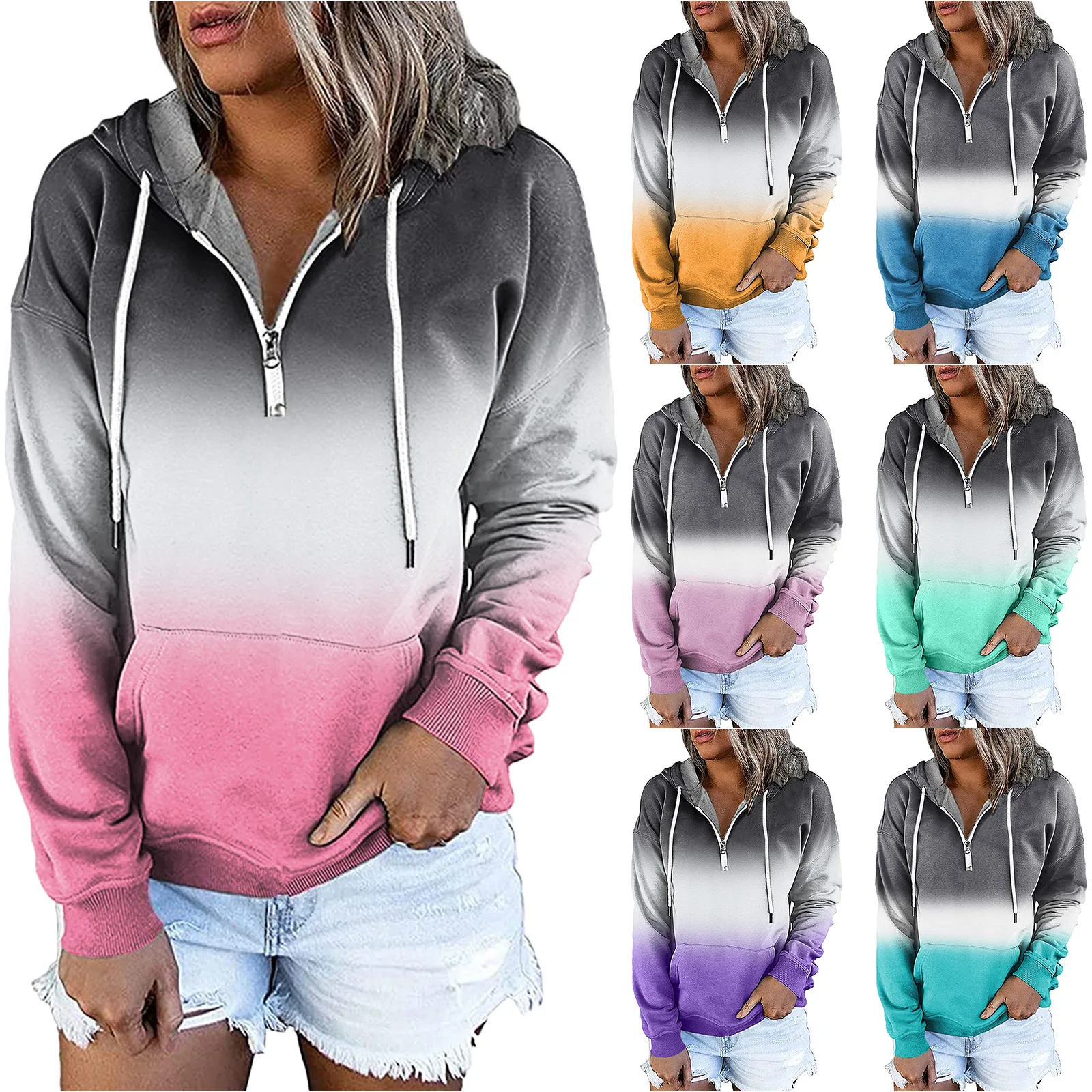 

Autumn and Winter Women's Sports Hooded Pumping Rope Long -sleeved Sweater Gradient Color Pullover Hoodies Tops
