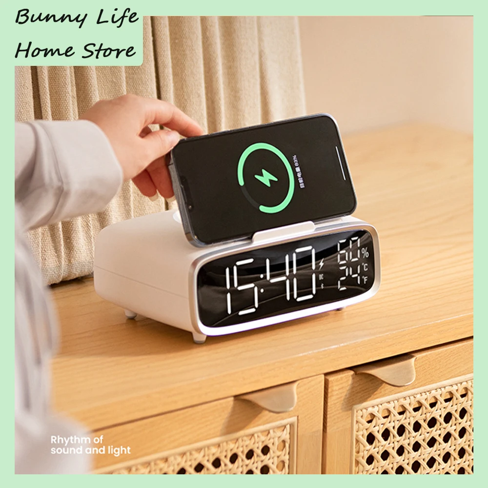 

Modern Smart Digital LED Alarm Clock Intelligent Bluetooth Speaker Wireless Charger Fast Charging Night light Table Desk Clock