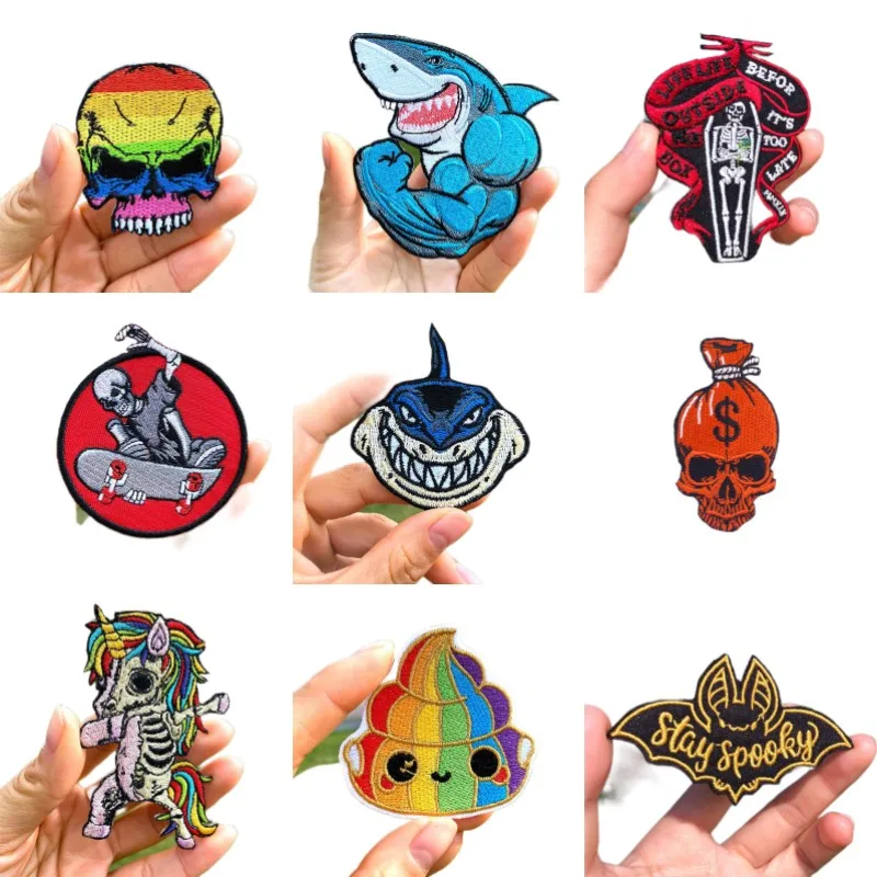 Unicorn/Shark Patch Rainbow Skull Punk Embroidered/Clothing Patches Iron On Patches On Clothes Stripes Sew Applique Wholesale