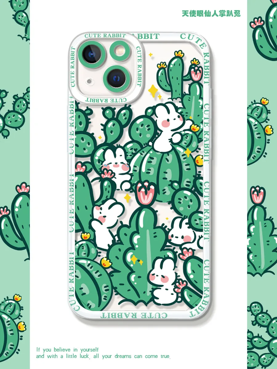 

Cartoon Cute Rabbit Cactus Phone Case For IPhone 14Pro Max 13Plus 12 11 X XR/XS INS Style Transparent Silicone Shockproof Cover