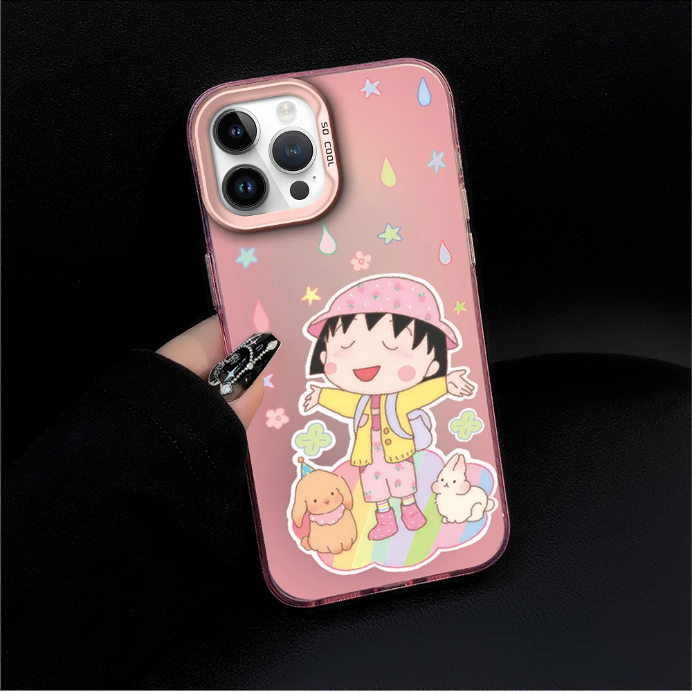 Милый чехол для телефона аниме Chibimaruko Chan iPhone 16 12 13 14 15 11 Max Pro Plus Laser IMD цветной