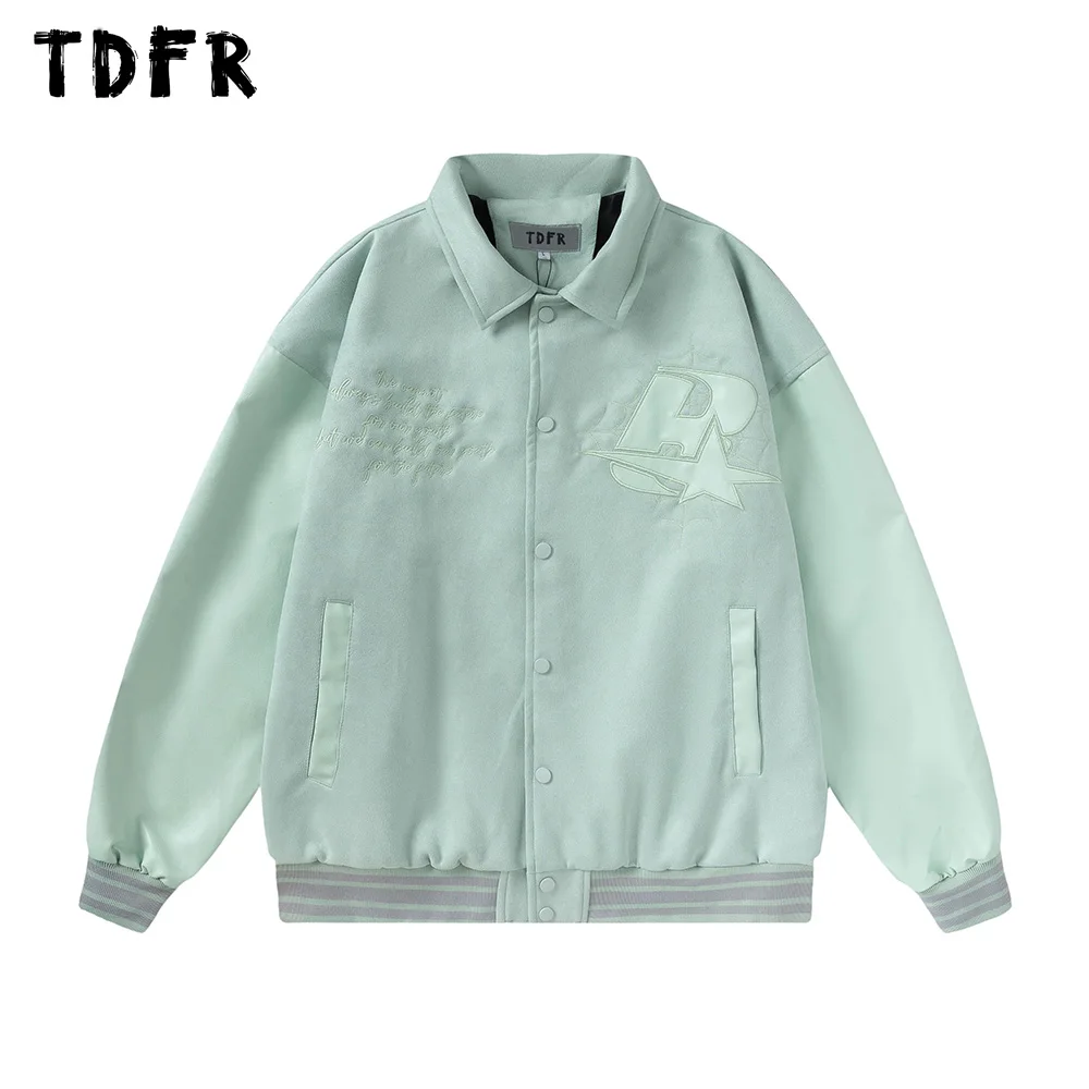 

Letter Embroidery Baseball Jacket Mens Autumn Winter Retro Casual Loose Single Breasted Stand Collar Letterman Jacket