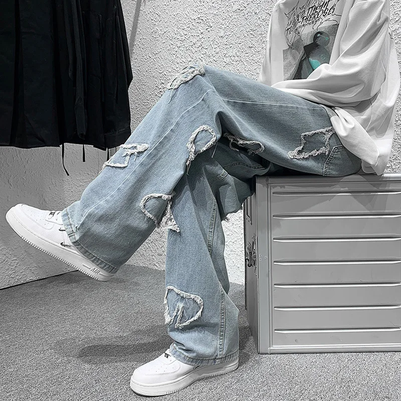 DEEPTOWN Vintage Straight Jeans Men Embroidered Heart Denim Pants Streetwear Loose Trousers Male Hip Hop Casual Fashion Spring