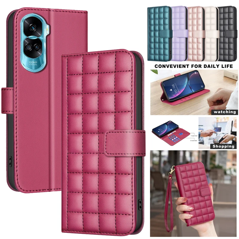 Фото Кожаный чехол-кошелек с 3D рисунком в клетку для Huawei Honor 90 Smart Pro Honor90 Lite 5G 2024, чехлы для телефонов, Магнитный флип-чехол №1
