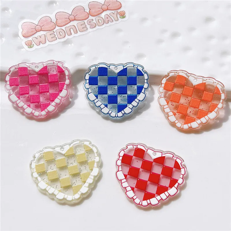 New style 50pcs/lot color grid pattern print cartoon hearts shape acrylic beads diy jewerly earring/garment pendant accessory |