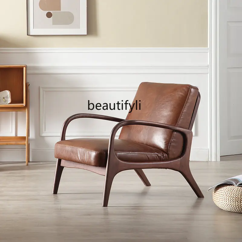 

yj Nordic Single-Seat Sofa Chair Balcony Walnut Leisure Chair Minimalist Chair Genuine Leather Chair