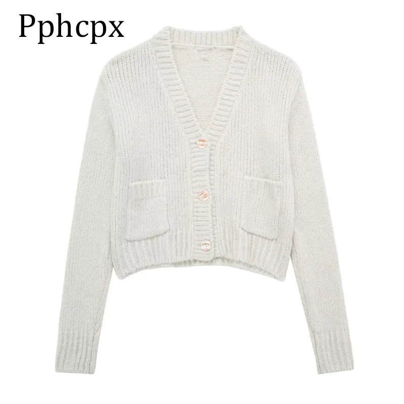 

Зимние женские свитера Pphcpx, вязаный кардиган, Женский однотонный кардиган с V-образным вырезом, длинным рукавом и карманами, Женские винтажн...