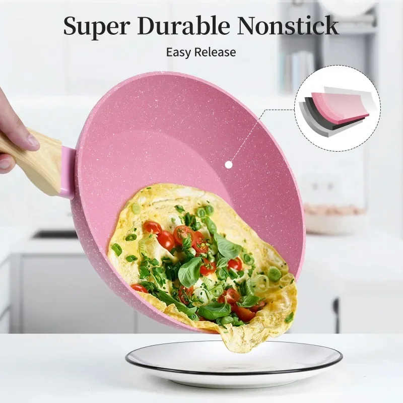 Сковорода Innerwell с антипригарным покрытием Вок крышкой 10-дюймовая розовая