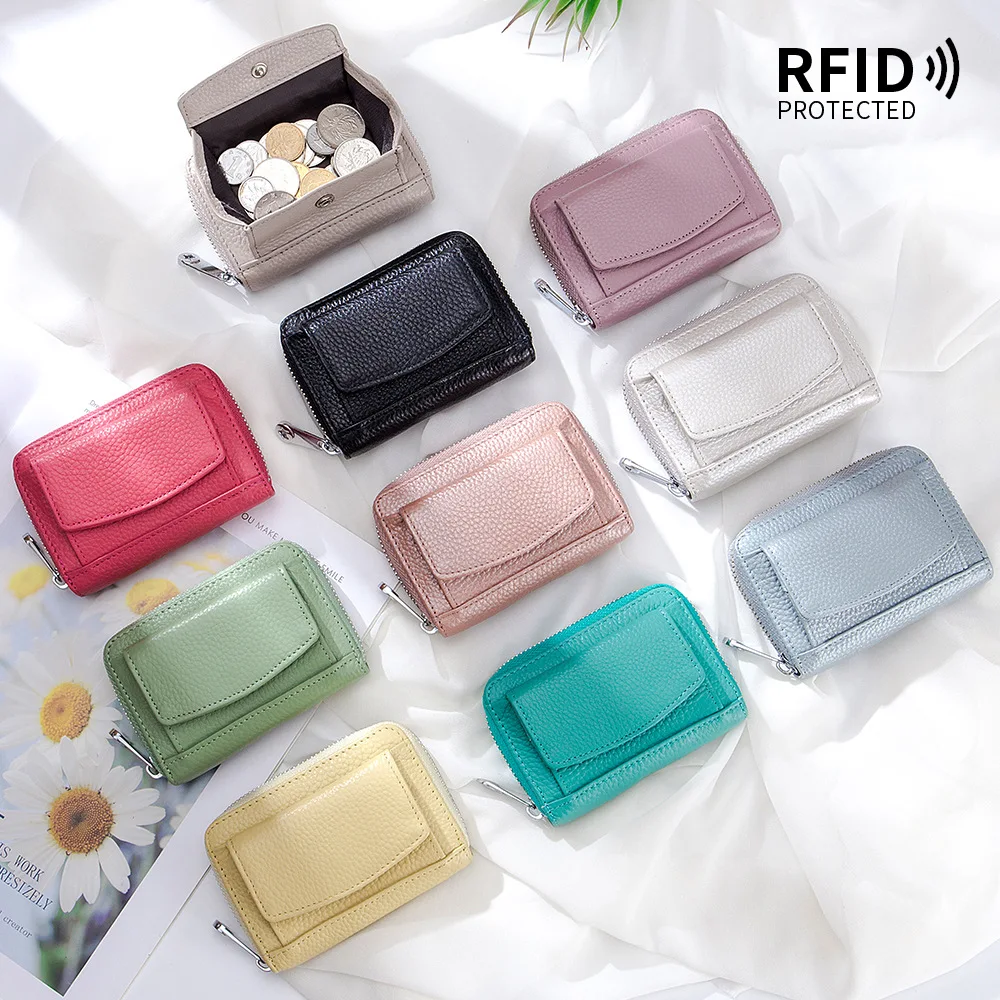 RFID Blocking Unisex Card Holder Genuine Leather Zipper Card Case with Hasp Coin Pocket Women Short Wallet Compact Change Purse