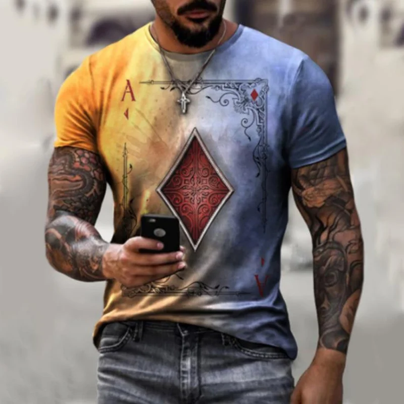 

2023 Europe and The United States Summer Men's Fashion Casual Simple Poker Print Round Neck Short Sleeve T-shirt 3D Style